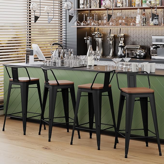 Yongchuang 24" Metal Barstools Set of 2 Counter Bar Stools with Wood Top Low Back Matte Black YongchuangInternational