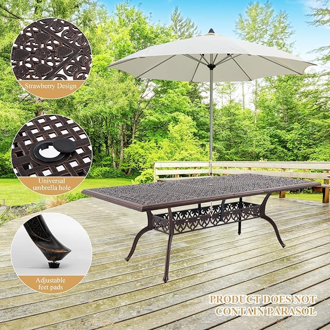 87" Cast Aluminum Outdoor Dining Table – Rectangular Red Copper Patio Table with Strawberry & Leaf Design, 2" Umbrella Hole, Weather-Resistant for Garden, Backyard, and Lawn Attliahome