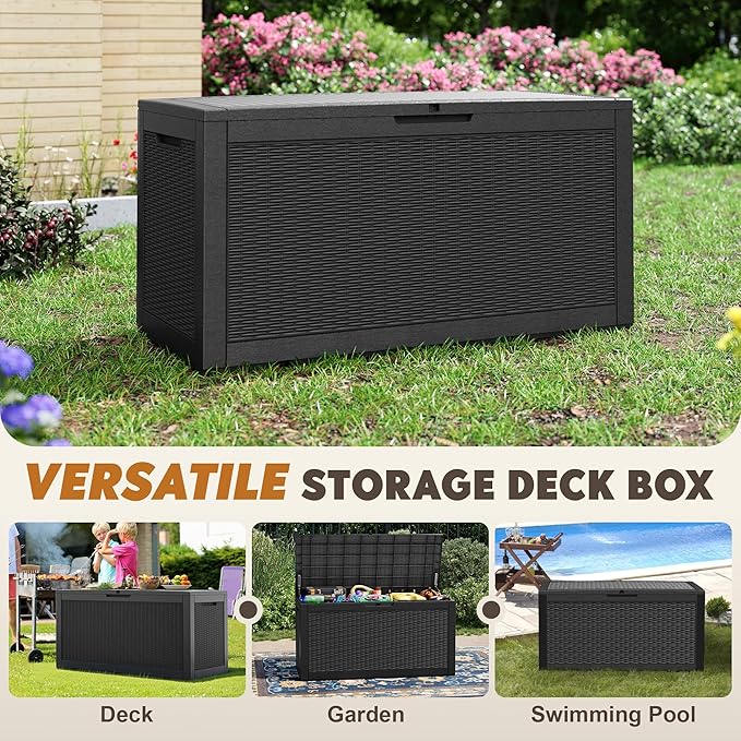 Outdoor Storage Box, Resin Deck Boxes Indoor and outdoor, Waterproof Storage Box Lockable Lid (Black, 101 Gallon) NBYSGO