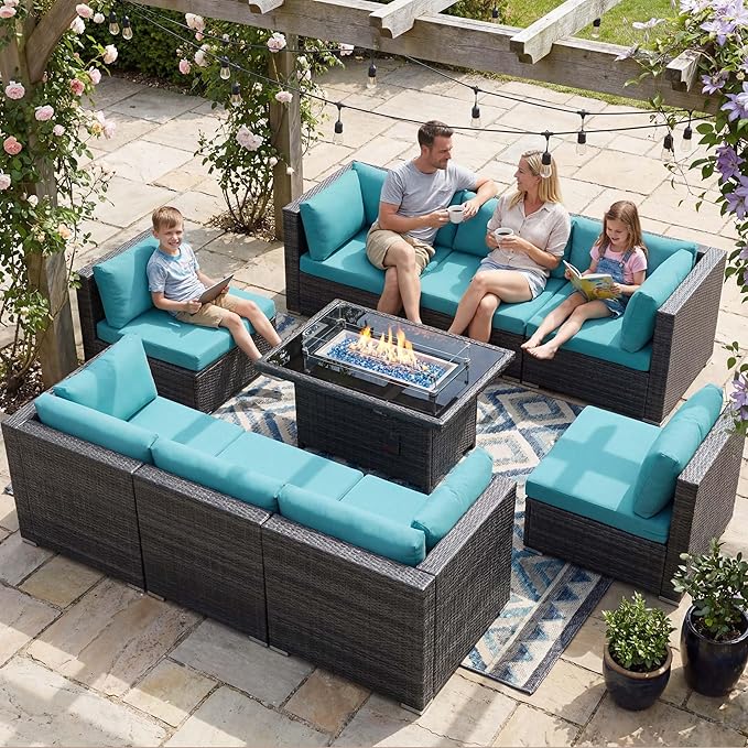NICESOUL Extra-Large 9 Pcs Outdoor Patio Furniture Set with Fire Pit Table Natural Gas/Propane, 29.3'' High Back Deep Wide Modular Sofa Conversations with Fireplaces, 2 Color Cushion Teal Blue & Grey NICESOUL