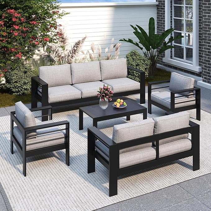 Solaste Aluminum Patio Furniture Set for All Weather, Oversized Metal Outdoor Furniture Set with 27.5" Deep Seating and 3.2" Wide Armrest, Patio Conversation Set with 10’’ Back Cushion, Black and Grey Solaste