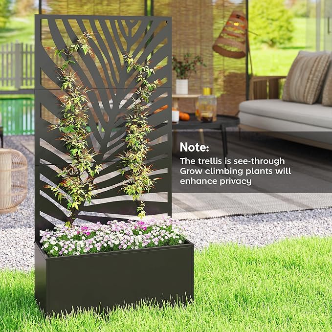 Outsunny Metal Planter Box with Trellis, 71" Tall Raised Garden Bed with Trellis Privacy Screen for Climbing Plants, Large Leaf Cut-Out Privacy Planter for Garden, Patio, Balcony Outsunny