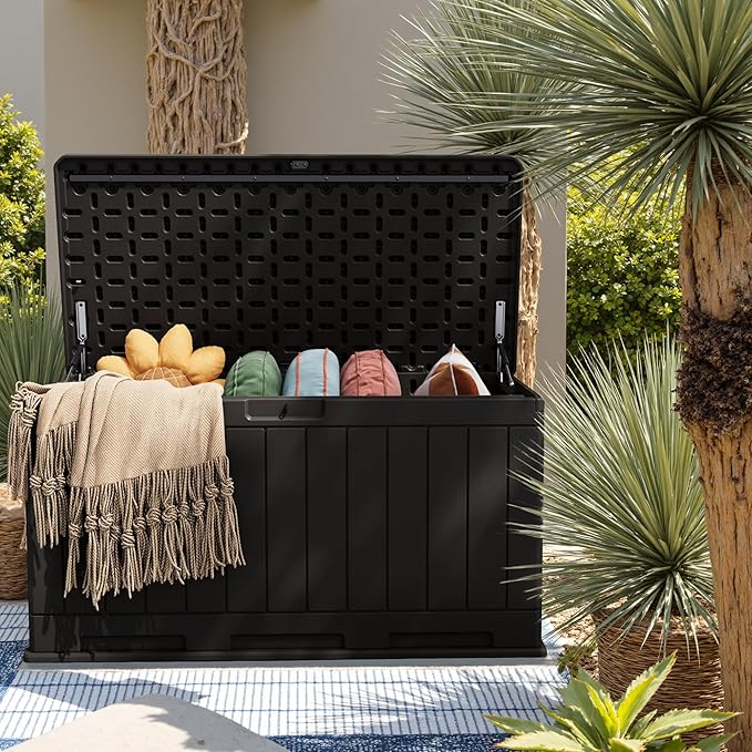 JUMMICO 90 Gallon Waterproof Resin Deck Box, Double Wall Outdoor Storage Box with Lockable Lid for Garden Tools, Patio Cushions, Pools (Black) JUMMICO