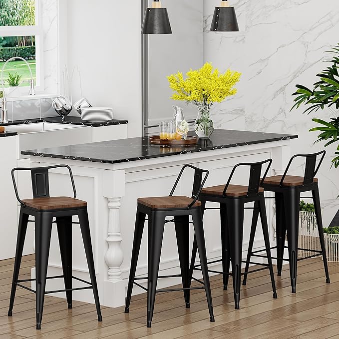 Yongchuang 24" Metal Barstools Set of 4 Counter Bar Stools with Wood Top Low Back Matte Black YongchuangInternational