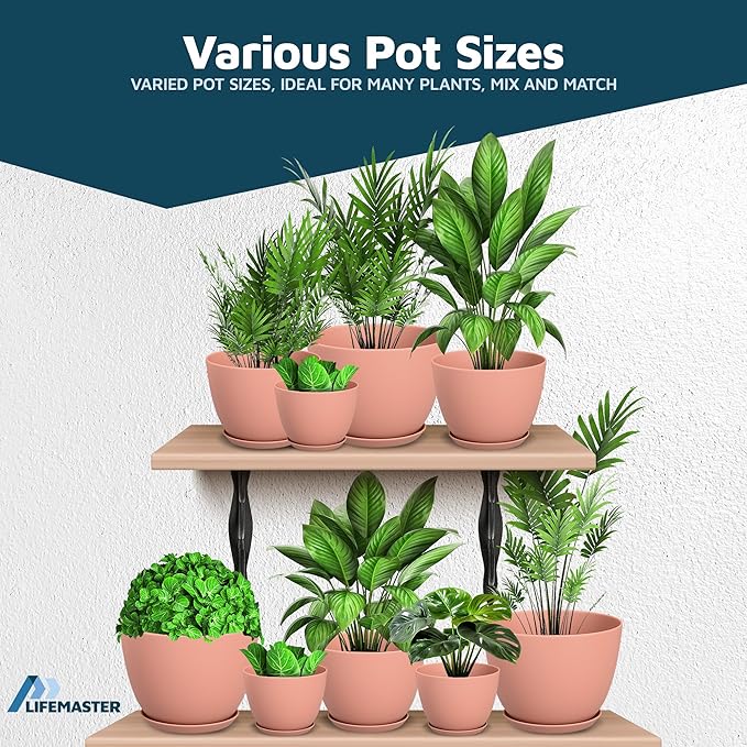 Pink Plant Pots with Drainage Holes & Saucers 15 Pack, Indoor & Outdoor Stackable Space-Saving Planters for Houseplants & Flowers, (7", 6.7", 6", 5.3", and 4.8" Inches), Durable & Weatherproof LIFEMASTER