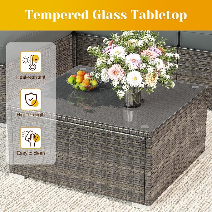 5 Piece Outdoor Patio Sectional Furniture Set, Weather Resistant Rattan Outside Couch, Waterproof Conversation Sofa for Balcony, Porch, Backyard, Deck, Garden, Grey MayinColor