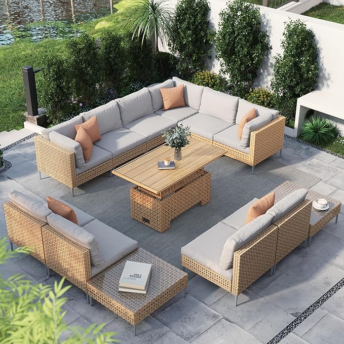Grand patio 13-Piece Wicker Patio Furniture Set with Lift Top Coffee Storage Table, Outdoor Conversation Set Sectional Sofa with Water Resistant Thick Cushions, Cream GrandPatio