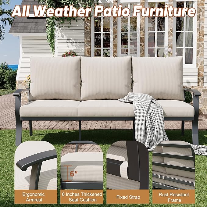 HOMREST Outdoor Couch Aluminum Patio Furniture Sofa, 3-Seat All-Weather Metal Outdoor Patio Furniture with Cushions, Beige HOMREST