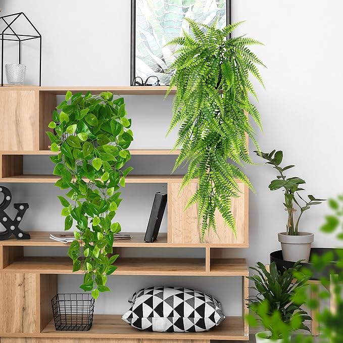 Palonu Artificial Hanging Plants for Shelf, 4 Pack Fake Potted Greenery Plant Faux Mandala Vine, String of Pearls, Ivy Vine,Persian Grass Fern in Pot for Desk Home Bathroom Farmhouse Room Table Decor Palonu