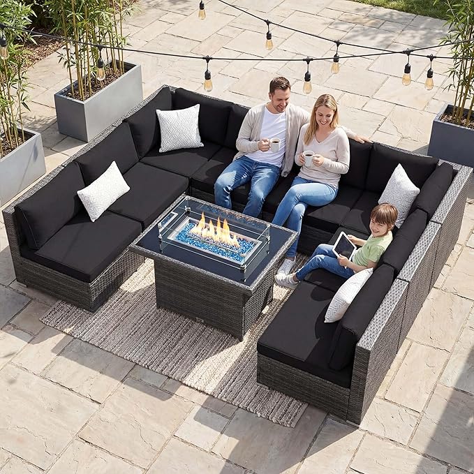 NICESOUL 9 Piece Extra Large Outdoor Patio Furniture Conversation Set with Fire Pit Natural Gas/Propane, 29.3'' High Back Modular Deep Seat Sectional Sofa Set for Outside, 2 Color Cushion Black&Gray NICESOUL