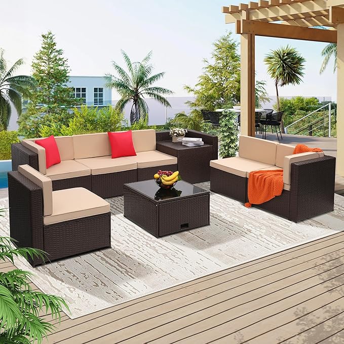 8-Piece Patio Furniture Set, Outdoor Wicker Rattan Sectional with Thick Cushions, Glass Top Table with Hidden Storage, Outdoor Conversation Set for Backyard, Porch, Patio, Beige KROFEM