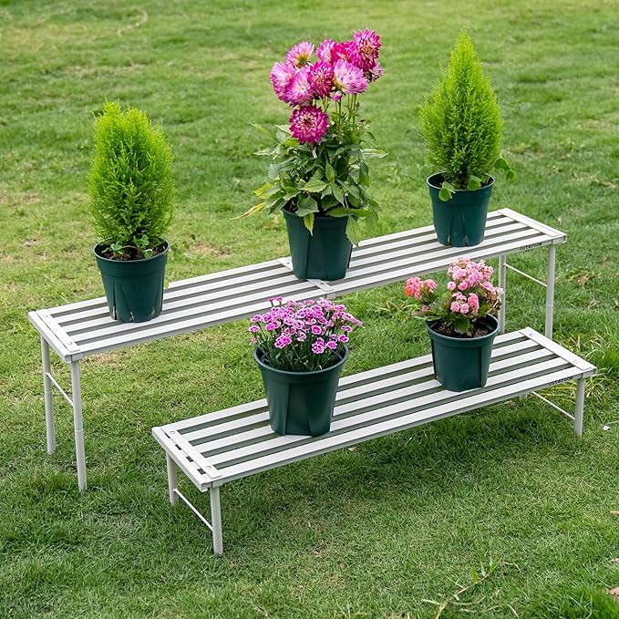 Metal Plant Stand, Rust-proof Aluminum Flower Pot Stand, Heavy Duty Planter Display Shelving for Patio Balcony Garden Living Room Decorative (White, 35.4 Inch) Rootora