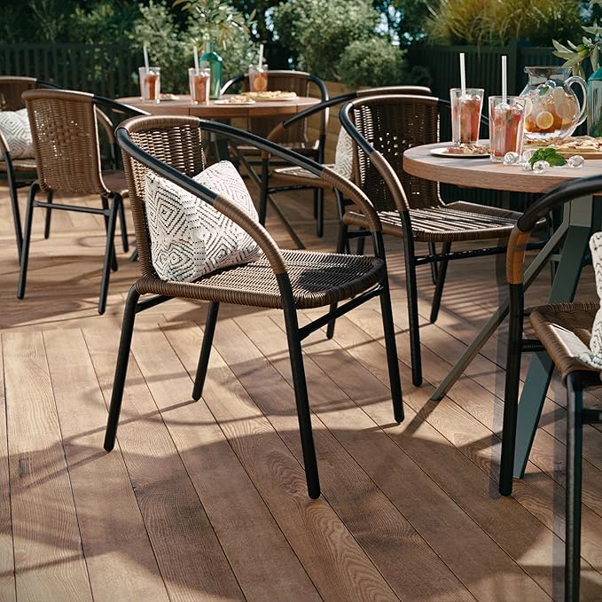 EMMA + OLIVER Set of 2 Modern Rattan Indoor/Outdoor Stack Chairs, Stacking Rattan Patio Chairs with Curved Back and Cross Bracing, Brown EMMAOLIVER