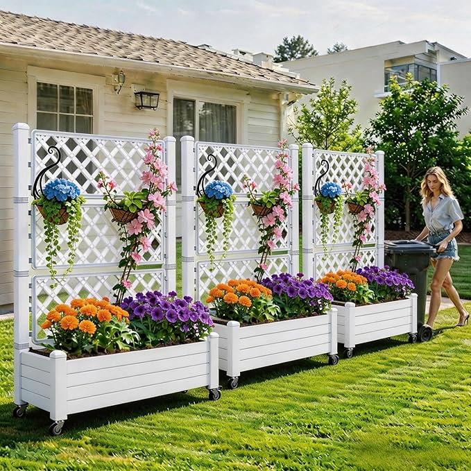 YITAHOME 43.3x17.7x61 in Planter Trellis Box with Wheels & Drain Plug, Outdoor Resin Raised Garden Bed for Climbing Plants, Large Weather-Resistant Design, Grayish-White YITAHOME
