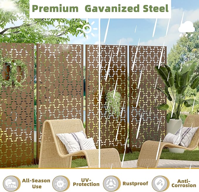 Casaphoria Metal Privacy Screen Outdoor, 72" H x 47" W Freestanding Decorative Privacy Screen for Patio Deck Balcony Garden with Stable Base, Brown-Square Casaphoria
