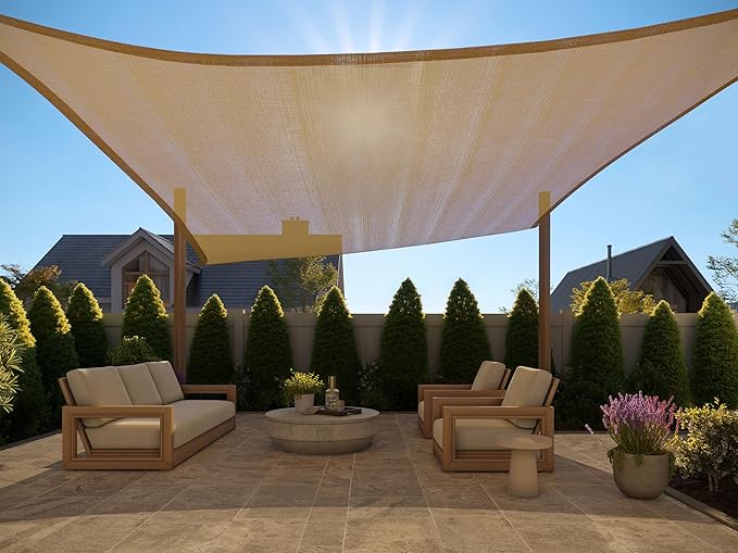 GORILLA GRIP Heavy Duty Sun Shade, UV Protection Fade Tear and Rust Resistant Rectangle Sunshade Canopy, Curved Edges Blocks Sunlight, Breathable Sail, Outdoor Patio, Lawn Garden 12x12 FT Sand GorillaGrip