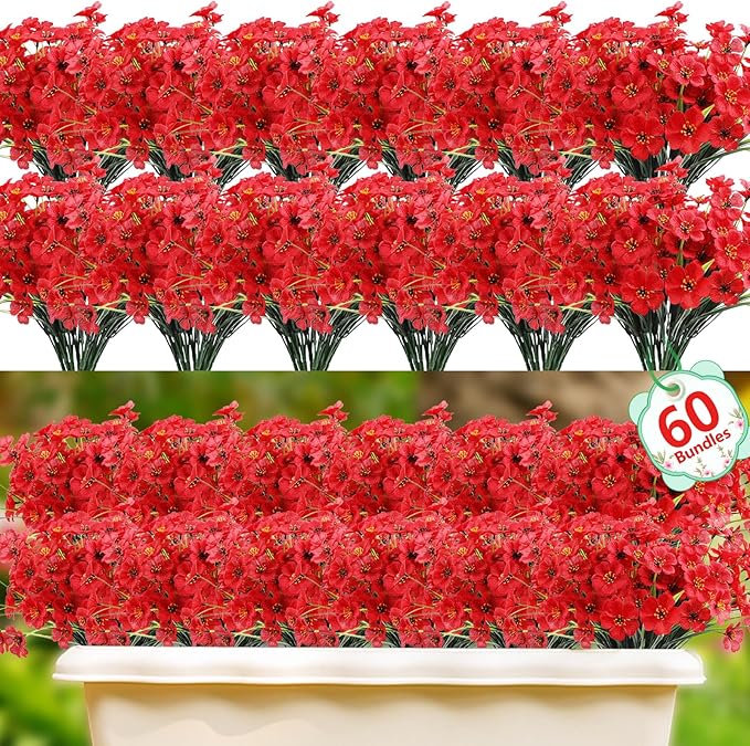 60 Pack Artificial Flowers for Outdoor Indoor Fake Plants, Faux Silk Flowers for Outdoors Outside Front Porch Hanging Planter Window Box Garden Spring Decoration(Red) Powbrace