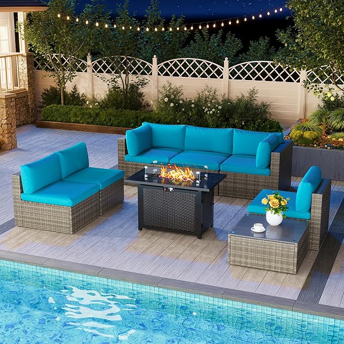 8 Pieces Outdoor Patio Furniture Set with 43" Fire Pit Table, Wicker Outdoor Patio Sectional Sofas with Coffee Table and Cushions, All-Weather Patio Conversation Set for Garden Backyard, Light Blue MayinColor