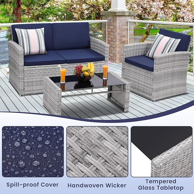 4-Piece Patio Furniture Set, Wicker Outdoor Rattan Sectional Sofa with Cushions and Glass Table, All-Weather Outdoor Conversation Set, Ideal for Garden, Porch, Backyard, Navy KROFEM