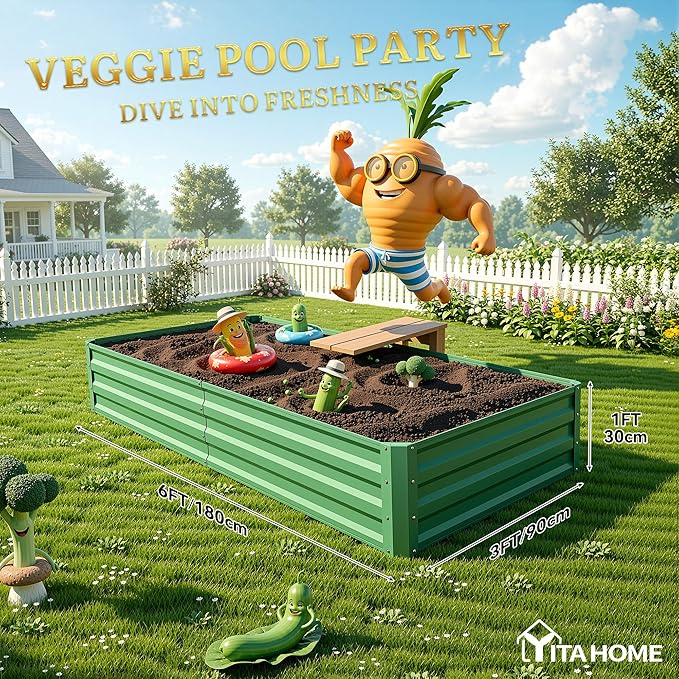 YITAHOME 6x3x1ft 2pcs Large Raised Garden Bed Kit, Galvanized Metal Planter Box with Gloves, Ground Nails, Support Rod, Outdoor Above Ground Planters for Plants Vegetables Flowers, Green YITAHOME