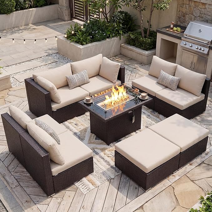 NICESOUL 29.3'' High Back Outdoor Patio Sectional Furniture with Firepit Table Natural Gas & Propane Convertible, 8 Seater Deep Wide Modern Couch, Extra Large Wicker Conversations for Backyard, Brown NICESOUL