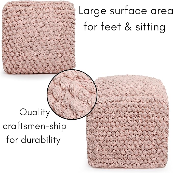 BIRDROCK HOME Buds Pouf Foot Stool Ottoman - Knit Bean Bag Floor Chair - Cotton Braided Cord - Great for The Living Room, Bedroom and Kids Room - Small Furniture (Dusty Rose - Buds) BIRDROCKHOME