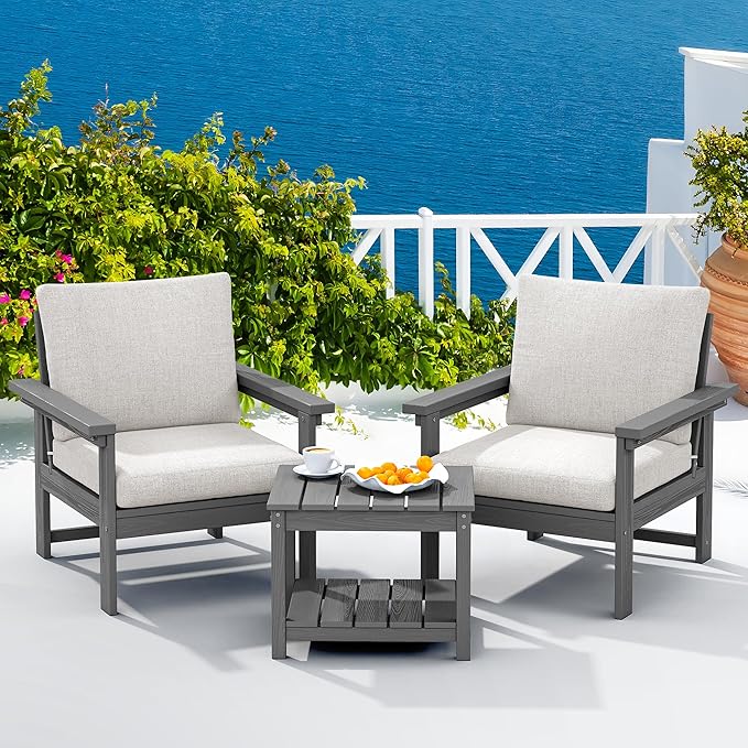 SERWALL HDPE Patio Sofa Set, 3-piece Sectional Outdoor Furniture Set, All Weather Outdoor Couch Set Patio Furniture Set for Deck, Lawn, Grey Frame with Khaki Cushion SERWALL