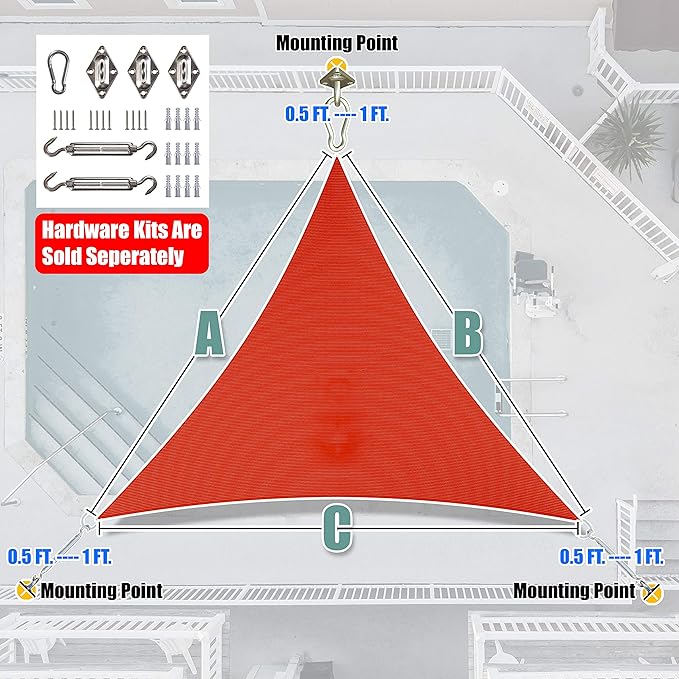 Amgo 8' x 8' x 8' Red Triangle Sun Shade Sail UPF50+ Canopy Awning AGSLT, 95% UV Blockage, Water & Air Permeable, 200GSM Heavy Duty Commercial and Residential (We Make Custom Sizes) Amgo