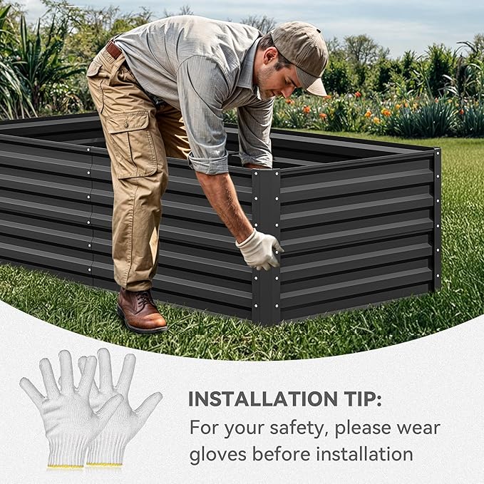 YITAHOME 6x3x2ft 2pcs Large Raised Garden Bed Kit, Galvanized Metal Planter Box with Gloves, Ground Nails, Support Rod, Outdoor Above Ground Planters for Plants Vegetables Flowers, Black YITAHOME
