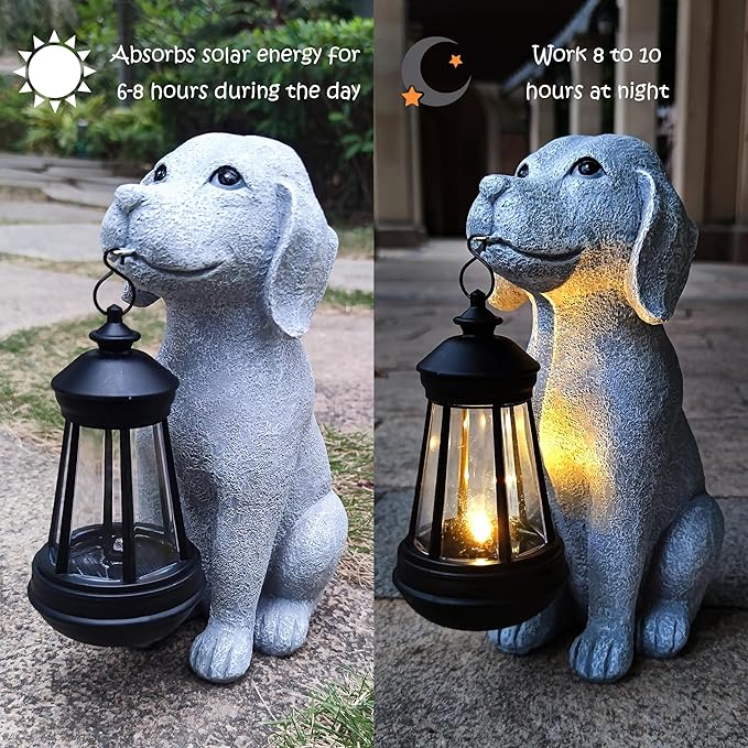 Solar Dog Outdoor Garden Statue with LED Light,Dog Solar Lights Lantern Outside Decorations for Yard, Lawn Decor Statue for Patio, Balcony, Yard Ornament,Unique Dog Gifts for Mom Qobumy