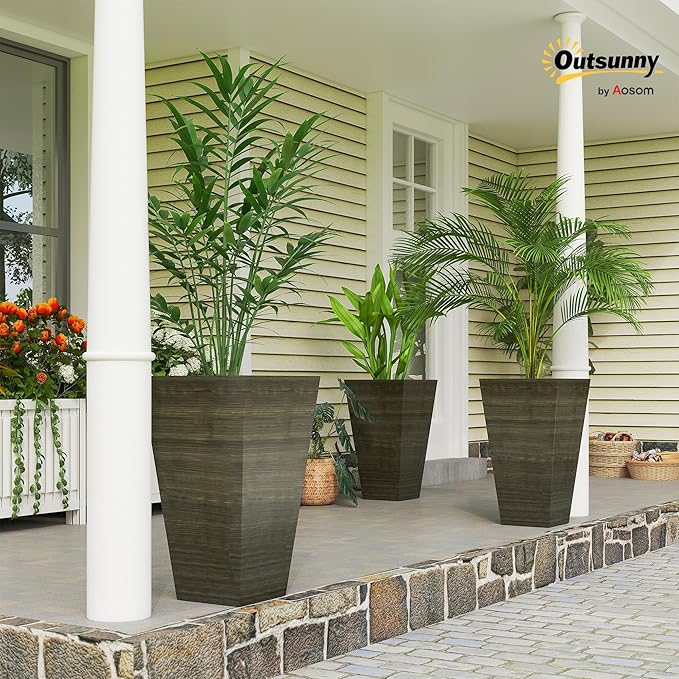 Outsunny Tall Planter for Outdoor Plants Set of 3, 28 Inch Taper Planter with Drainage Holes, Wood Grain Decor Garden Pot for Indoor Outdoor Porch Patio Backyard, Dark Brown Outsunny