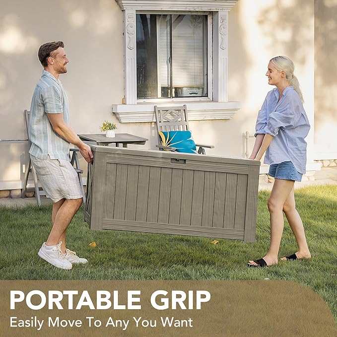 Devoko 120 Gallon Deck Box Resin Outdoor Storage Box Waterproof for Patio, Large Outdoor Storage Bench Lockable for Outside (Brown) DEVOKO