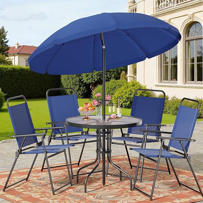 Shintenchi 6 Piece Patio Dining Set with Umbrella, Outdoor Furniture Set with 4 Folding Chairs and Tempered Glass Top Dining Table fot Lawn Backyard Garden Porch Blue Shintenchi