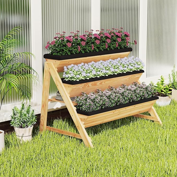 Giantex 3-Tier Vertical Raised Garden Bed, Wood Elevated Planter Box with Legs, Storage Shelf, Liners for Growing Vegetables Herbs Flowers, Indoor Outdoor Freestanding Raised Bed for Patio (Natural) Giantex