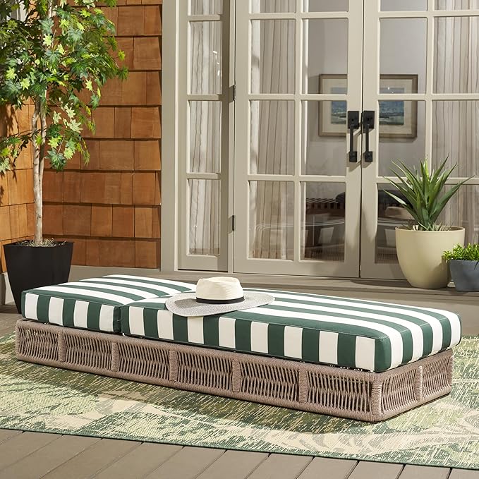 SAFAVIEH Outdoor Collection Gillian Heather Tan & Hunter Green Stripe Chaise Lounge Chair (Fully Assembled) SAFAVIEH