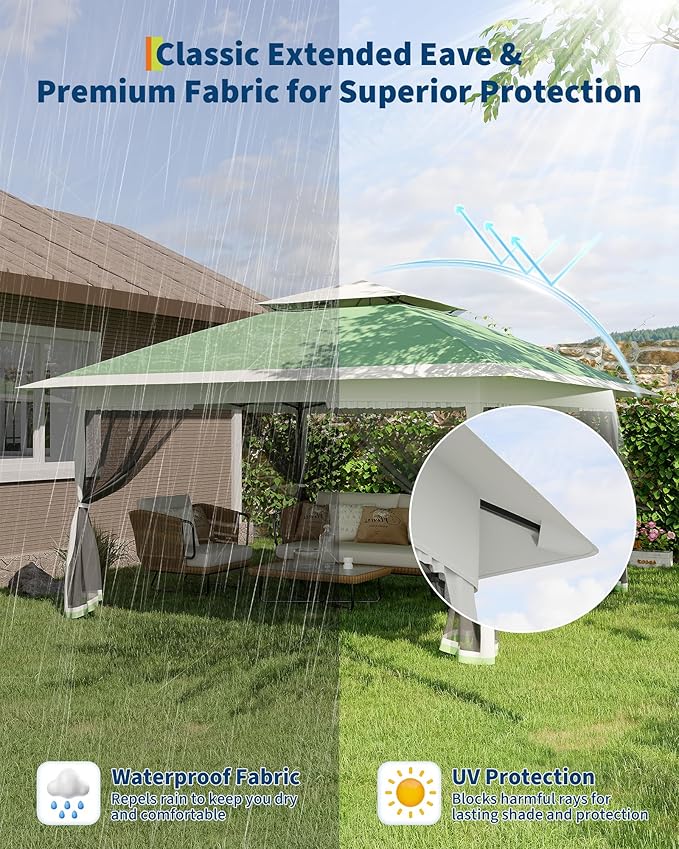 Canopy Tent 13x13 ft, Pop Up Gazebo One-Push Setup with 4 SandBags for Backyard Parties and BBQs, Mosquito Netting & Height Adjustable - Olive Green GarveeLife