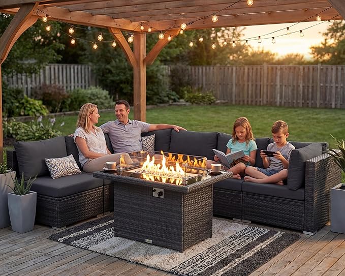 NICESOUL 29.3'' High Back Outdoor Patio Sectional Furniture Sofa Set with Fire Pit Table Natural Gas/Propane, 7 Piece Luxury Extra-Large Wicker Conversation, Deep Wide Couches for Backyard, Dark Gray NICESOUL