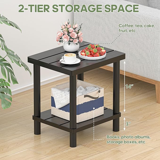 Outdoor Side Table, 2-Tier Small Outdoor Table for Patio, Adirondack Side Tables for Outside or Indoor, Bamboo End Table for Pool, Porch, Weather Resistant Easy Maintenance-Black LEJANEOYE