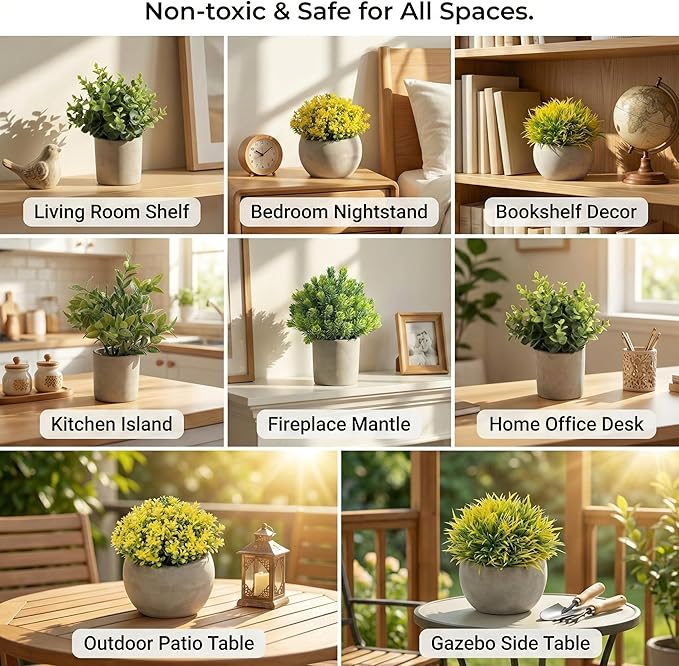 Fake Plants, 5 Pack Artificial Eucalyptus & Greenery in Cement Pots - Small Potted Faux Plants for Indoor Outdoor Shelves, Desk, Table, Farmhouse Bathroom, Office & Modern Home Decor Rootora