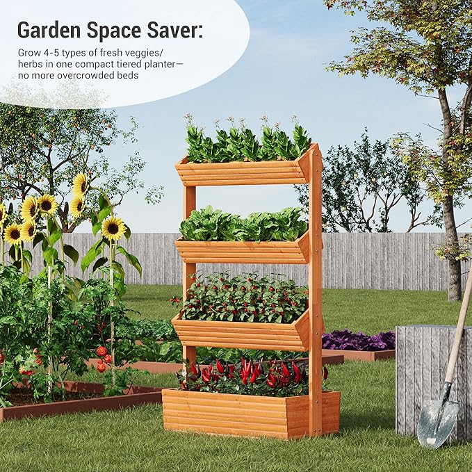 Vertical Wooden Raised Garden Bed Planters Wood Planter Kit Plant Stand Flower Rack Planter Box Gardening for Plants Herbs Flowers Vegetables Outdoor Indoor Freestanding (Orange 4-Tier) RHINEINMIST