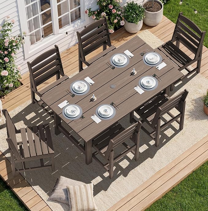 SERWALL Patio Dining Sets for 6 Person, HDPE Dining Set with 6 Armless Chairs, Coffee SERWALL