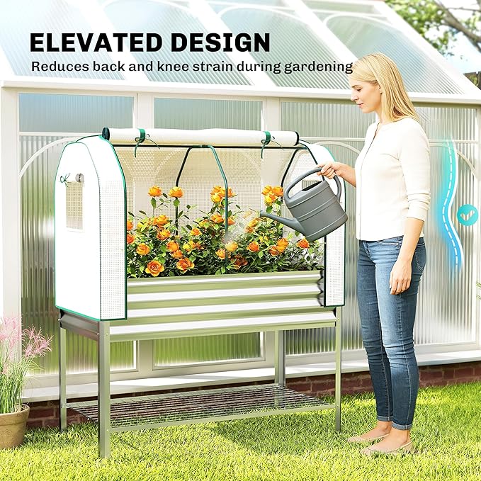 Outsunny Galvanised Raised Garden Bed with Greenhouse Cover, Metal Elevated Garden Bed with Legs, Bed Liner and Bottom Shelf, Outdoor Raised Planter Box for Vegetables, Herbs, Flowers, Silver Outsunny