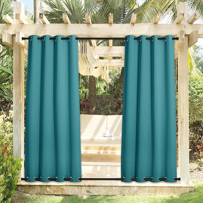NICETOWN 2 Panels Peacock Teal Outdoor Curtains for Patio Waterproof, Rustproof Grommet Top & Bottom Thermal Insulated Keep Rain Out Blackout Weighted Wind Break Drapes for Pergola, W52 x L108 NICETOWN