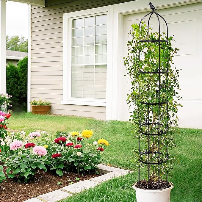 6.7FT Garden Obelisk Trellis for Climbing Plants,Adjustable 5-Tier Metal Plant Support,Rustproof Outdoor Plant Tower with 3 Decorative Tops for Roses,Tomatoes,Clematis & Vines,Black TCBWFY