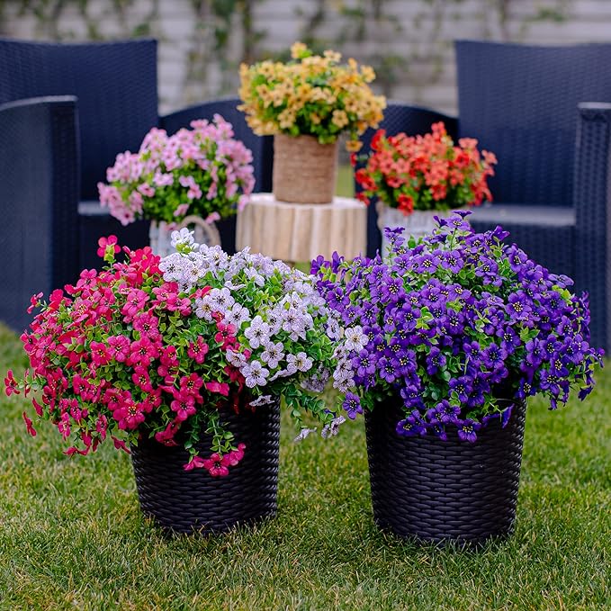Artificial Flowers for Outdoors Fake Plants - 16 Bundles Fake Plants UV Resistant No Fade Faux Plastic Greenery Home Garden Porch Patio Decoration Office Indoor (Purple) AXYLEX