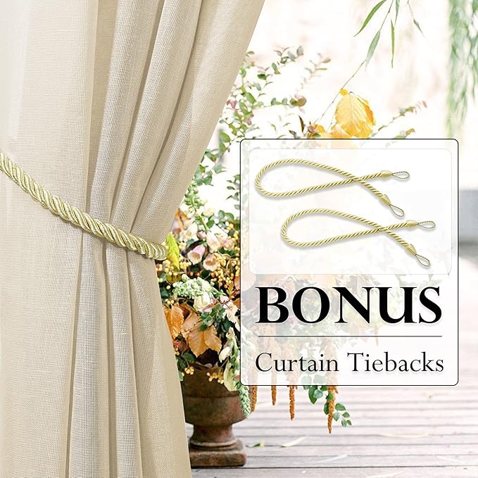 RYB HOME Outdoor Indoor Farmhouse Linen Sheer Curtains - Rustic Semi Sheer Privacy Drapes with Curtain Ropes for Patio Gazebo, 52 inch Wide x 108 inch Long, 2 Panels, Beige RYBHOME