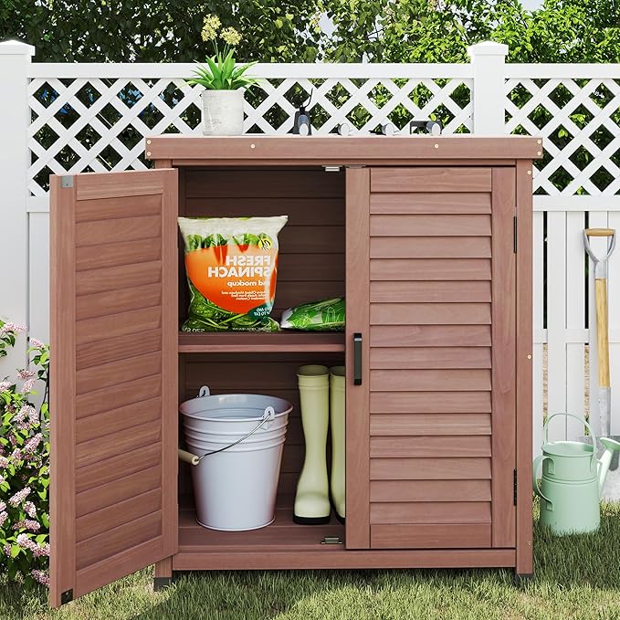 Outdoor Storage Cabinet & Potting Bench Table with Metal Top, Wooden Patio Furniture, Garden Workstation (Dark Brown, 36x31x17in) OutdoorFurniture
