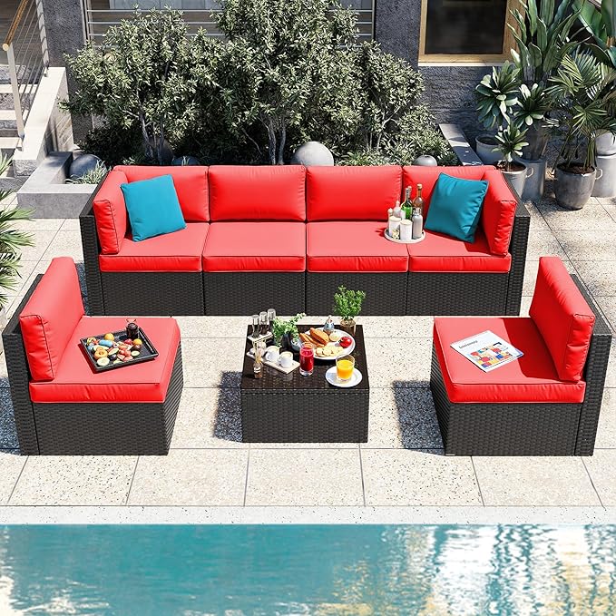 Vongrasig 7 Pieces Patio Furniture Sets, Outdoor All-Weather Wicker Patio Conversation Sets, L-Shaped Rattan Sectional Patio Sofa with Glass Table for Backyard, Red Vongrasig