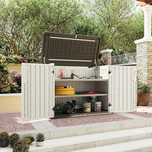 Aoxun 35 Cu.Ft Outdoor Storage Shed with 2 Shelves and Floor, Waterproof Horizontal Resin Cabinet for Trash Cans, Lawn Mowers, Generators, and Garden Tools, White Aoxun