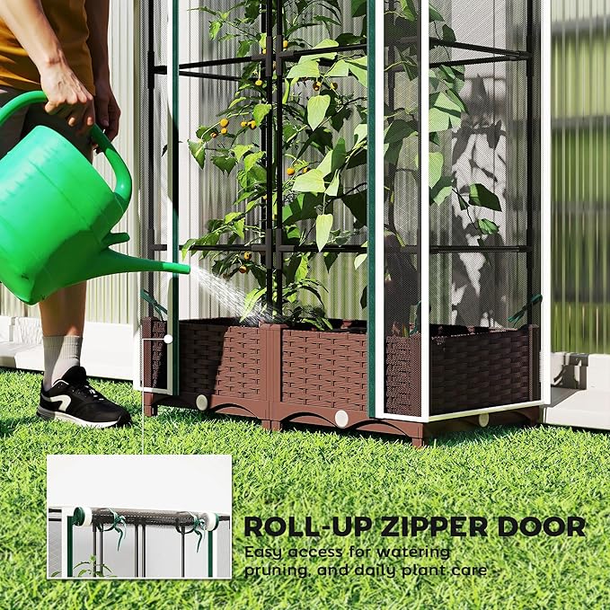Outsunny Raised Garden Bed with Trellis, 46.5" Tomato Cage with Crop Cage, Self Watering Planter Box with Drainage Holes and Plugs for Outdoor Patio Climbing Plants, Vines, Vegetables, Flowers, White Outsunny